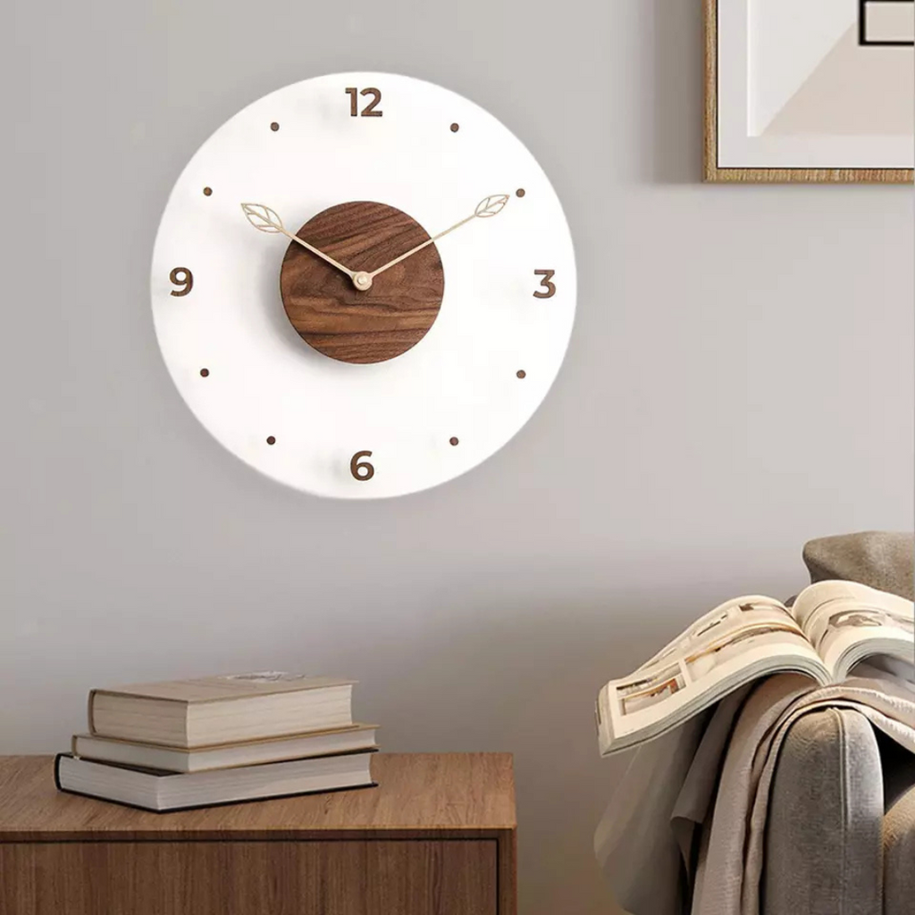 acrylic-wall-clock-with-walnut-wood-centre-and-gold-leaf-hands-img1.png